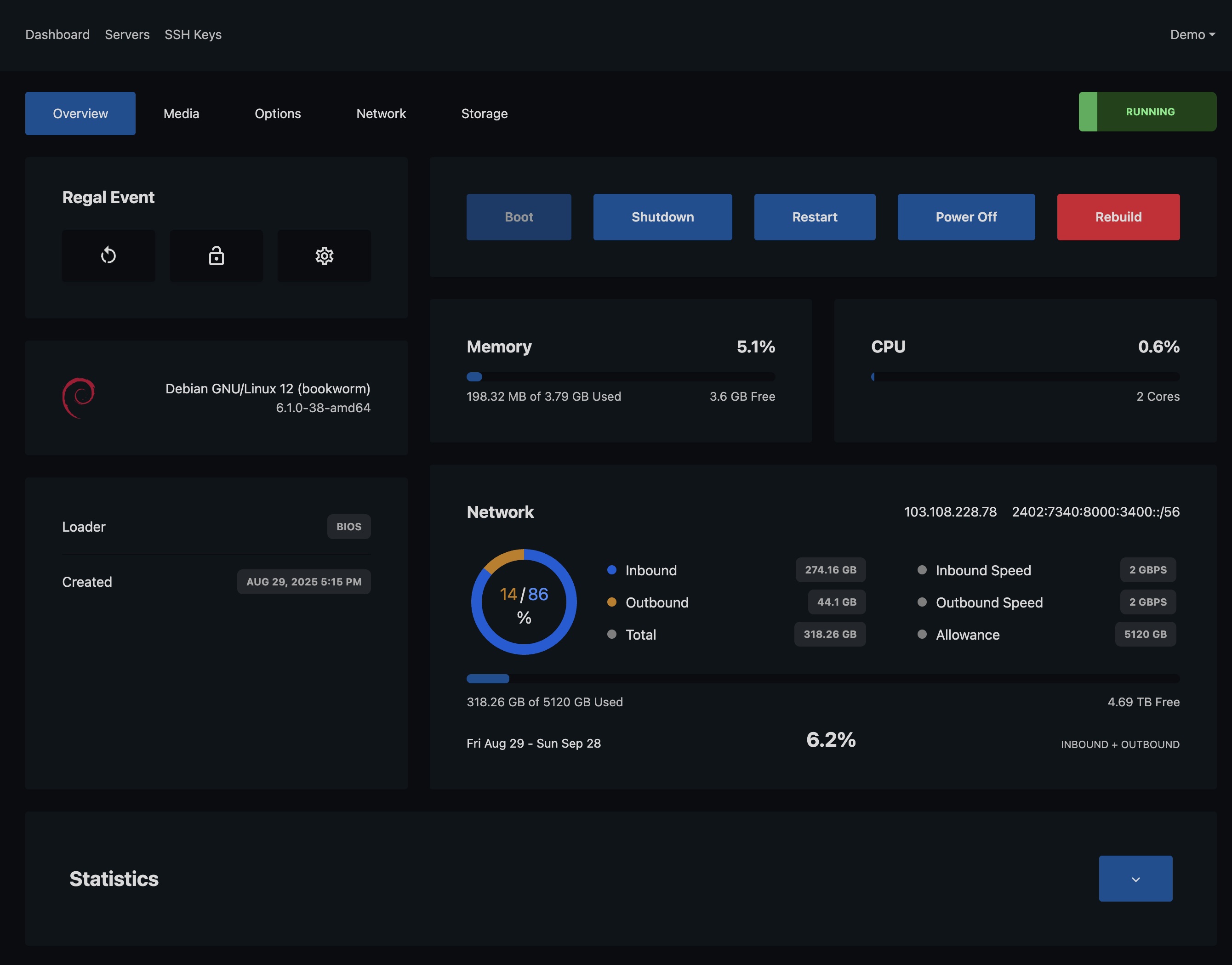 FlowVPS console demo showing server list and rebuild action